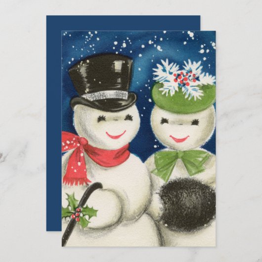 レトロなヴィンテージクリスマスの雪のカップルを追加気持ち シーズンカード (正面/裏面)