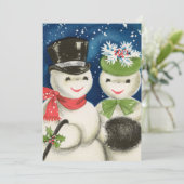 レトロなヴィンテージクリスマスの雪のカップルを追加気持ち シーズンカード (スタンド正面)