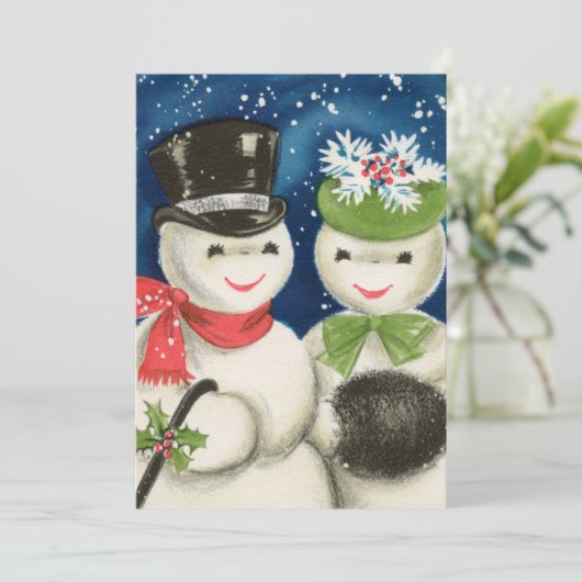 レトロなヴィンテージクリスマスの雪のカップルを追加気持ち シーズンカード (スタンド正面)