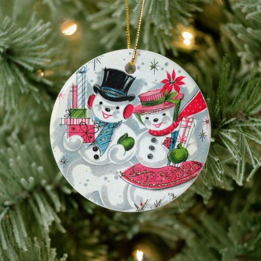 レトロなヴィンテージクリスマスの雪のカップルを追加気持ち セラミックオーナメント (ツリー)