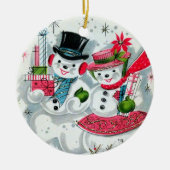 レトロなヴィンテージクリスマスの雪のカップルを追加気持ち セラミックオーナメント (正面)