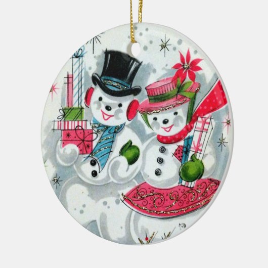 レトロなヴィンテージクリスマスの雪のカップルを追加気持ち セラミックオーナメント (左)