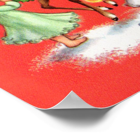 レトロなヴィンテージクリスマスエンジェルとトナカイ ポスター (角)