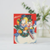 レトロなヴィンテージクリスマススノーカップル シーズンポストカード (スタンド正面)