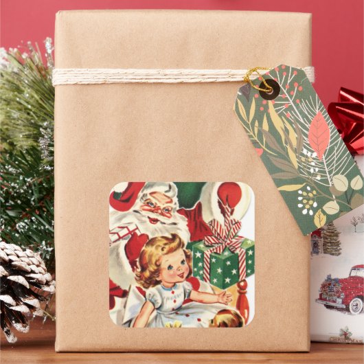 レトロなヴィンテージサンタと子供 スクエアシール (クリスマス)