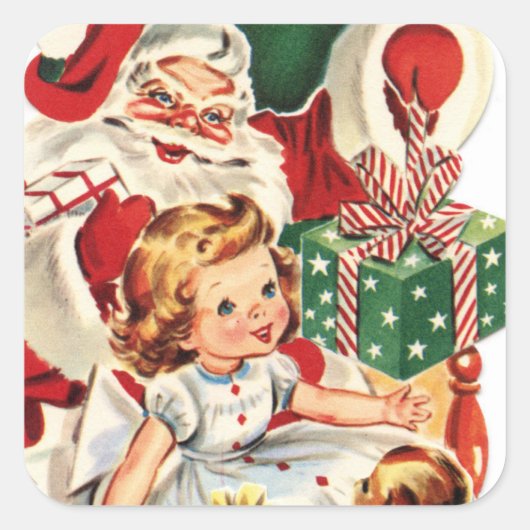 レトロなヴィンテージサンタと子供 スクエアシール (正面)
