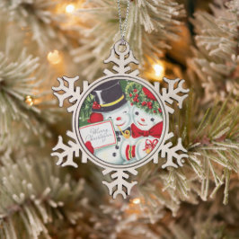 レトロなヴィンテージホリデー雪カップル スノーフレークピューターオーナメント