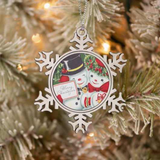 レトロなヴィンテージホリデー雪カップル スノーフレークピューターオーナメント (ツリー)