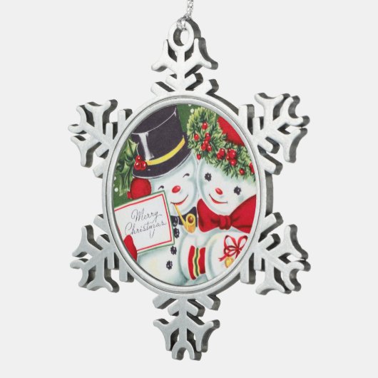 レトロなヴィンテージホリデー雪カップル スノーフレークピューターオーナメント (右)