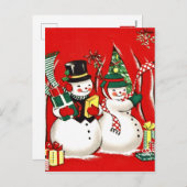 レトロなヴィンテージ雪カップルのクリスマス シーズンポストカード (正面/裏面)