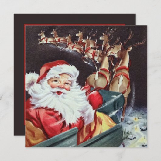 レトロなヴィンテージ飛んでいるサンタ・トナカイ 招待状 (正面/裏面)