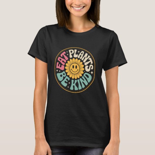 レトロなヴィーガンひまわりデザイン Eat Plants Be Kind Tシャツ (正面)