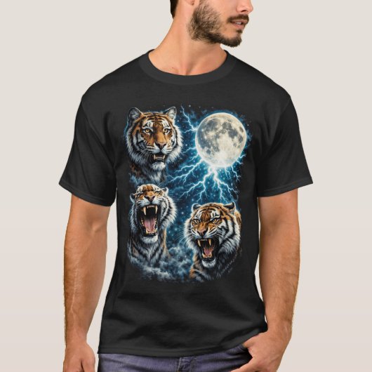レトロな三匹のトラ 月 稲妻 吠える野生動物 Tシャツ (正面)
