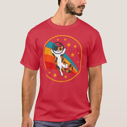レトロな三毛猫の宇宙猫 ビンテージ風キュート Tシャツ (正面)
