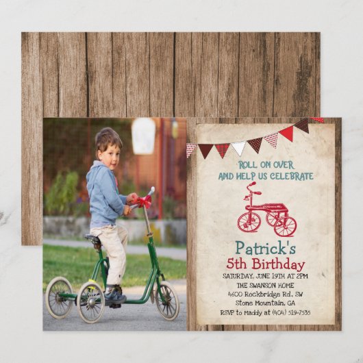レトロな三輪車 男の子の誕生日招待状 招待状 (正面/裏面)