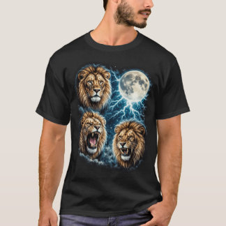 レトロな三頭のライオン 月 稲妻 吠える野生動物  Tシャツ