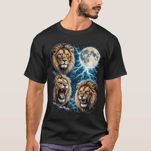 レトロな三頭のライオン 月 稲妻 吠える野生動物 Tシャツ (正面)