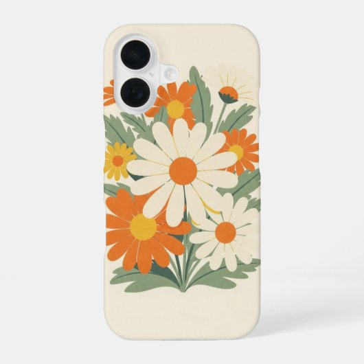 レトロな丸みを帯びた花弁のデイジーアート iPhone 16ケース (裏面)