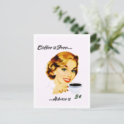 レトロな主婦のコーヒーとアドバイス ポストカード (スタンド正面)