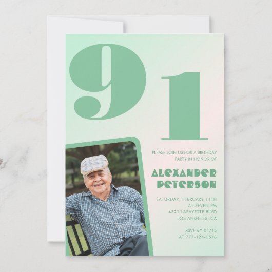 レトロな写真のグリーンがかったデザインの男性の91歳の誕生日 招待状 (正面)