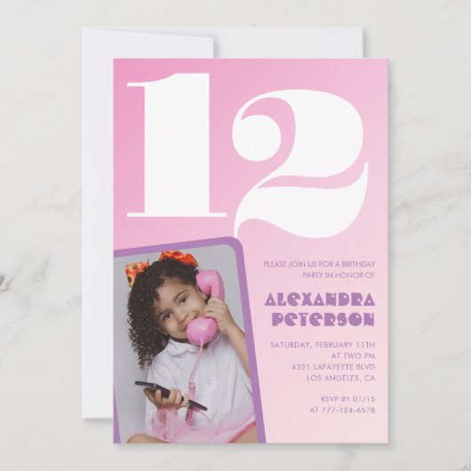 レトロな写真のピンクの12歳の誕生日招待状 女の子 招待状 (正面)