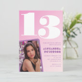 レトロな写真のピンクの13歳の誕生日招待状 女の子 招待状 (スタンド正面)