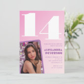 レトロな写真のピンクの14歳の誕生日招待状 女の子 招待状 (スタンド正面)