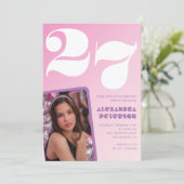 レトロな写真のピンクの27歳の誕生日招待状 招待状 (スタンド正面)