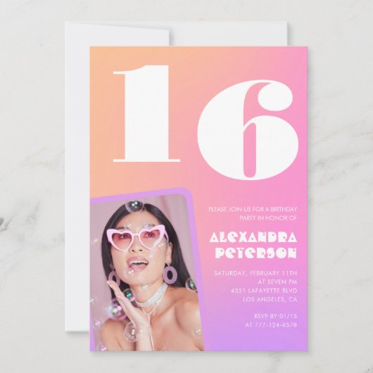 レトロな写真の彼女のためのピンクの16歳の誕生日招待状 招待状 (正面)