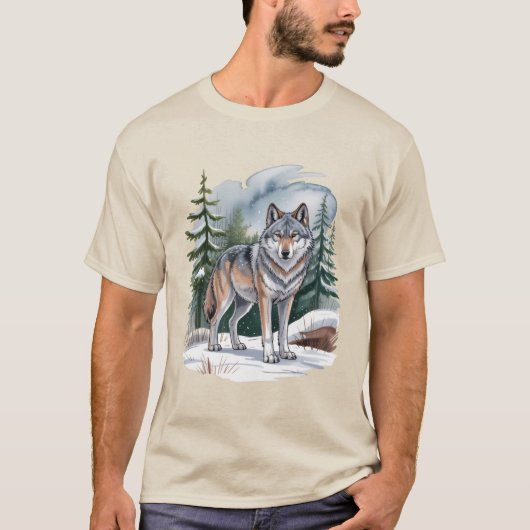 レトロな冬のオオカミの水彩画 90年代の荒野の自然 Tシャツ (正面)