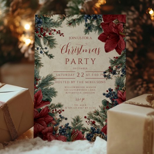 レトロな冬の花のクリスマス・パーティー 招待状