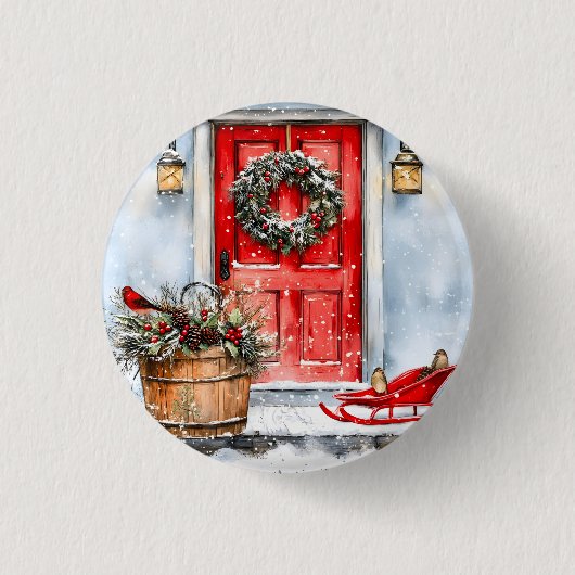 レトロな冬の赤いクリスマスドアリース 缶バッジ (正面)