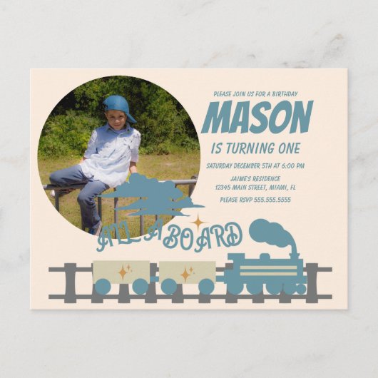レトロな列車の子供の誕生日パーティーのアースな写真 ポストカード (正面)