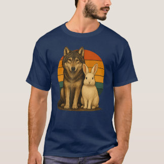 レトロな動物の友達 ウルフ ラビット ヴィンテージ Tシャツ