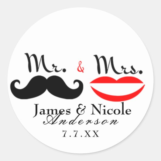 レトロな口ひげの唇の結婚ステッカー Mr. & Mrs. ラウンドシール (正面)