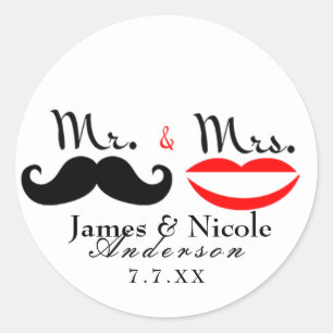 レトロな口ひげの唇の結婚ステッカー Mr. & Mrs. ラウンドシール