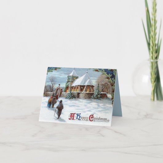 レトロな古いクリスマス冬の教会の人々は外にいます シーズンカード (正面)