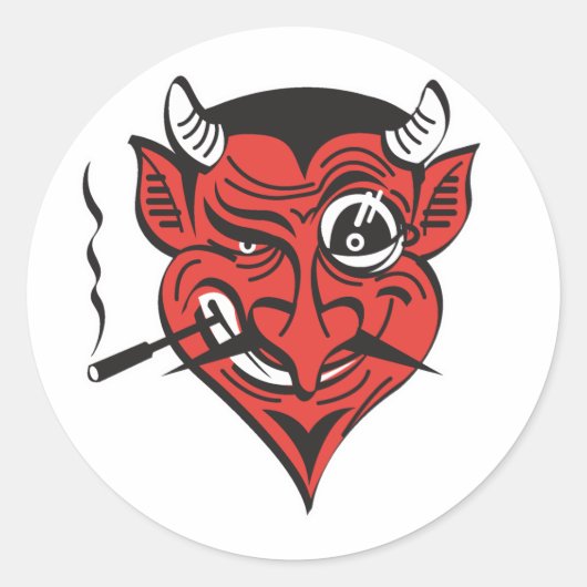 レトロな喫煙悪魔の顔 ラウンドシール (正面)