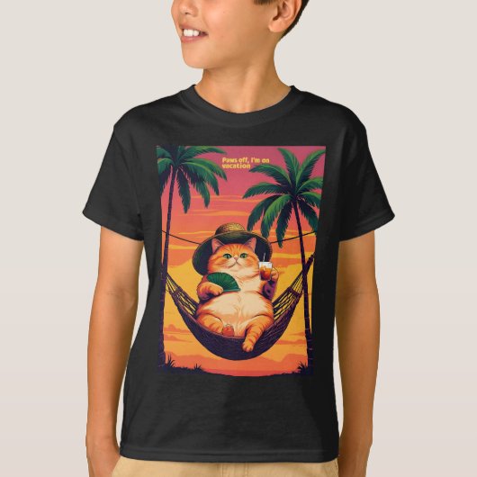レトロな夏のネコ休暇が面白い Tシャツ (正面)