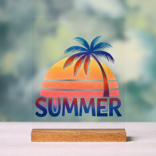 レトロな夏の夕日とヤシの木 アクリルサイン (ニュートラル)