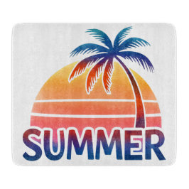レトロな夏の夕日とヤシの木 カッティングボード