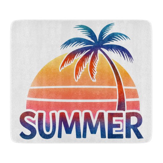 レトロな夏の夕日とヤシの木 カッティングボード (正面)