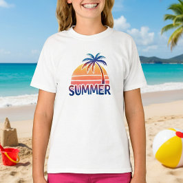 レトロな夏の夕日とヤシの木 Tシャツ