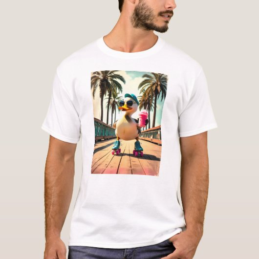 レトロな夏の面白いローラーダック Tシャツ (正面)