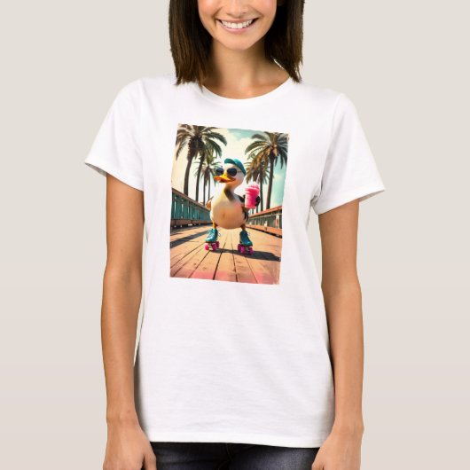 レトロな夏の面白いローラーダック Tシャツ (正面)