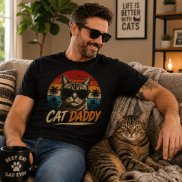 レトロな夕日とヤシの木のクールな猫のパパ 父の日ギフト Tシャツ