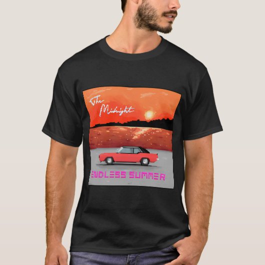 レトロな夕日と赤い車の夏 Tシャツ (正面)