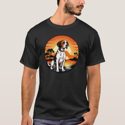 レトロな夕焼けに佇むビーグル Tシャツ (正面)