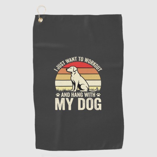 レトロな夕焼けの犬とエクササイズ ゴルフタオル (正面)