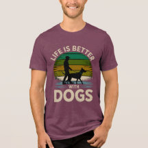 レトロな夕焼けの犬Tシャツ、人生は犬と一緒が良い 